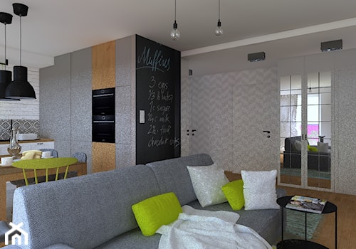 salon z przedpokojem i kuchnią w oddali - zdjęcie od Monika Staniec Interior Design