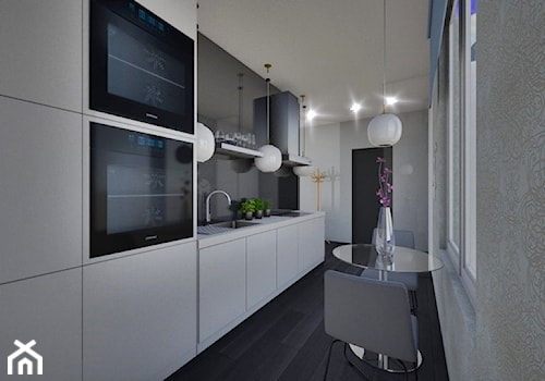 Salon z Kuchnią - Duża zamknięta z kamiennym blatem czarna szara z zabudowaną lodówką z nablatowym zlewozmywakiem kuchnia jednorzędowa z oknem, styl nowoczesny - zdjęcie od mo-de-in-studio