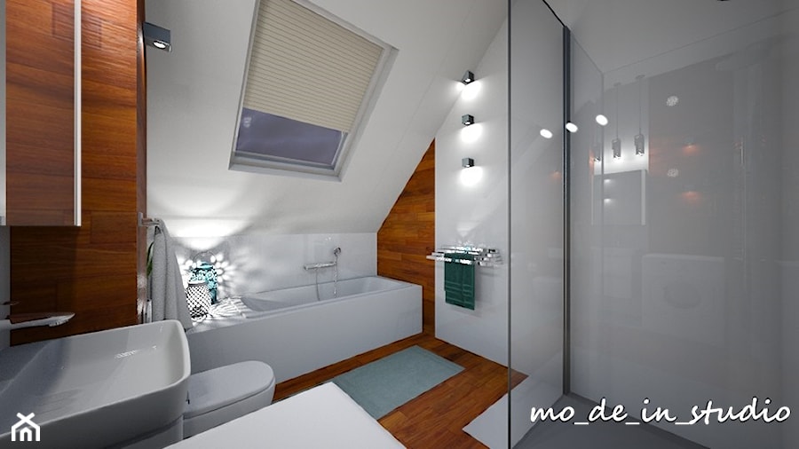 Łazienka na poddaszu - Średnia na poddaszu z pralką / suszarką z punktowym oświetleniem łazienka z oknem, styl nowoczesny - zdjęcie od mo-de-in-studio