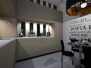 Mała kuchnia - Średnia otwarta biała z zabudowaną lodówką z podblatowym zlewozmywakiem kuchnia w kształcie litery l, styl nowoczesny - zdjęcie od mo-de-in-studio