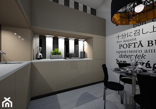 Mała kuchnia - Średnia otwarta biała z zabudowaną lodówką z podblatowym zlewozmywakiem kuchnia w kształcie litery l, styl nowoczesny - zdjęcie od mo-de-in-studio
