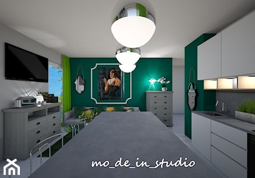 Salon z Kuchnią - Średni szary zielony salon z kuchnią z jadalnią, styl nowoczesny - zdjęcie od mo-de-in-studio