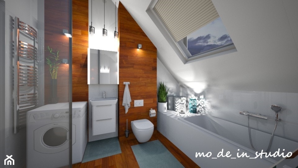Łazienka na poddaszu - Średnia na poddaszu z pralką / suszarką łazienka z oknem, styl nowoczesny - zdjęcie od mo-de-in-studio  - Homebook