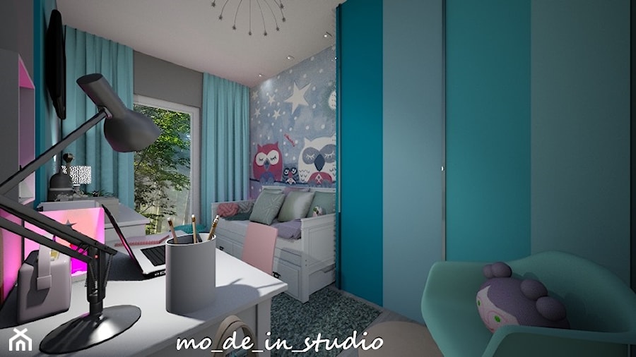 Pokój dla Dziewczynki - Mały szary niebieski pokój dziecka dla nastolatka dla dziewczynki, styl nowoczesny - zdjęcie od mo-de-in-studio