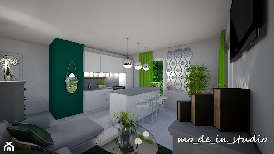 Salon z Kuchnią - Średni szary salon z kuchnią z jadalnią, styl nowoczesny - zdjęcie od mo-de-in-studio