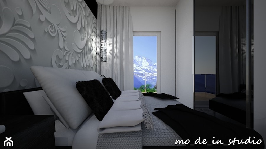 Sypialnia Glamour - Średnia biała czarna sypialnia z balkonem / tarasem, styl nowoczesny - zdjęcie od mo-de-in-studio