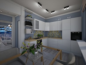 Salon, Kuchnia - Średnia otwarta szara z zabudowaną lodówką z nablatowym zlewozmywakiem kuchnia w kształcie litery l z oknem, styl nowoczesny - zdjęcie od mo-de-in-studio