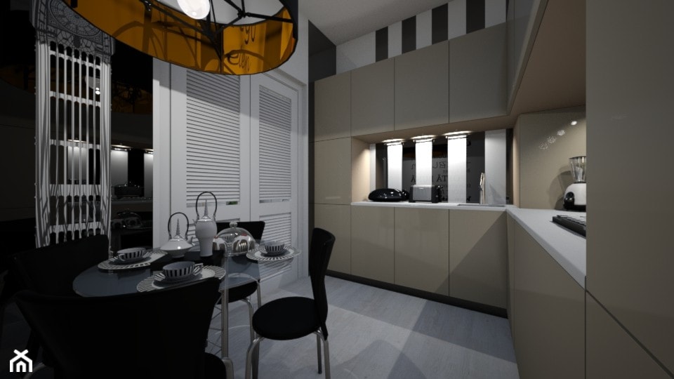 Mała kuchnia - Średnia biała czarna z zabudowaną lodówką z nablatowym zlewozmywakiem kuchnia w kształcie litery l z oknem, styl nowoczesny - zdjęcie od mo-de-in-studio  - Homebook