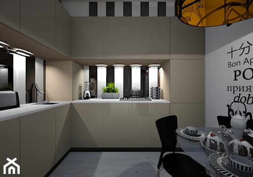 Mała kuchnia - Średnia biała czarna z zabudowaną lodówką z podblatowym zlewozmywakiem kuchnia w kształcie litery l, styl nowoczesny - zdjęcie od mo-de-in-studio