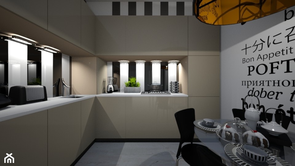 Mała kuchnia - Średnia biała czarna z zabudowaną lodówką z podblatowym zlewozmywakiem kuchnia w kształcie litery l, styl nowoczesny - zdjęcie od mo-de-in-studio  - Homebook