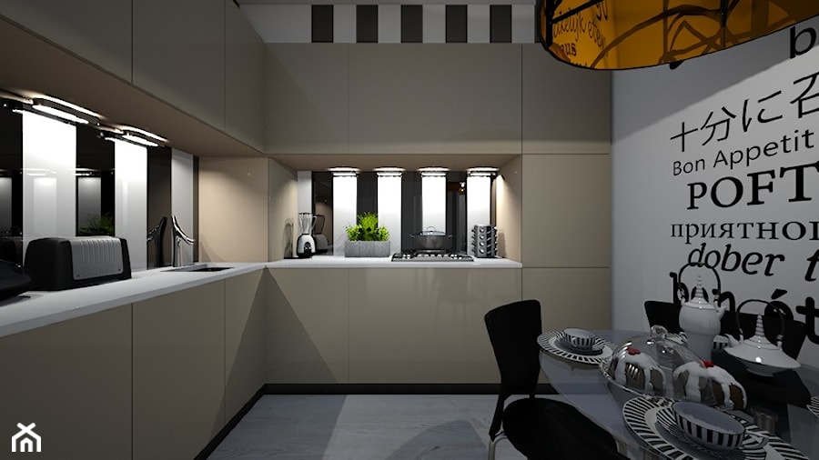 Mała kuchnia - Średnia biała czarna z zabudowaną lodówką z podblatowym zlewozmywakiem kuchnia w kształcie litery l, styl nowoczesny - zdjęcie od mo-de-in-studio