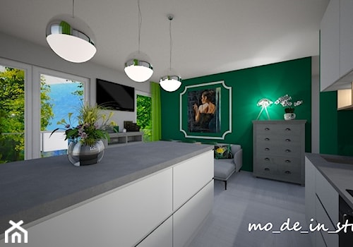 Salon z Kuchnią - Średni szary zielony salon z kuchnią, styl nowoczesny - zdjęcie od mo-de-in-studio