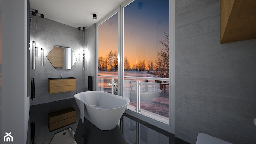 Sypialnia z Łazienką - Średnia z lustrem z punktowym oświetleniem łazienka z oknem, styl nowoczesny - zdjęcie od mo-de-in-studio