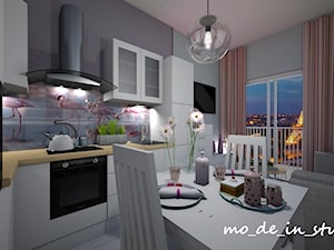 Mały Salon - Mała otwarta z salonem szara z zabudowaną lodówką z nablatowym zlewozmywakiem kuchnia w kształcie litery l z oknem, styl nowoczesny - zdjęcie od mo-de-in-studio