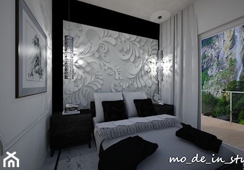 Sypialnia Glamour - Mała biała czarna sypialnia z balkonem / tarasem, styl nowoczesny - zdjęcie od mo-de-in-studio
