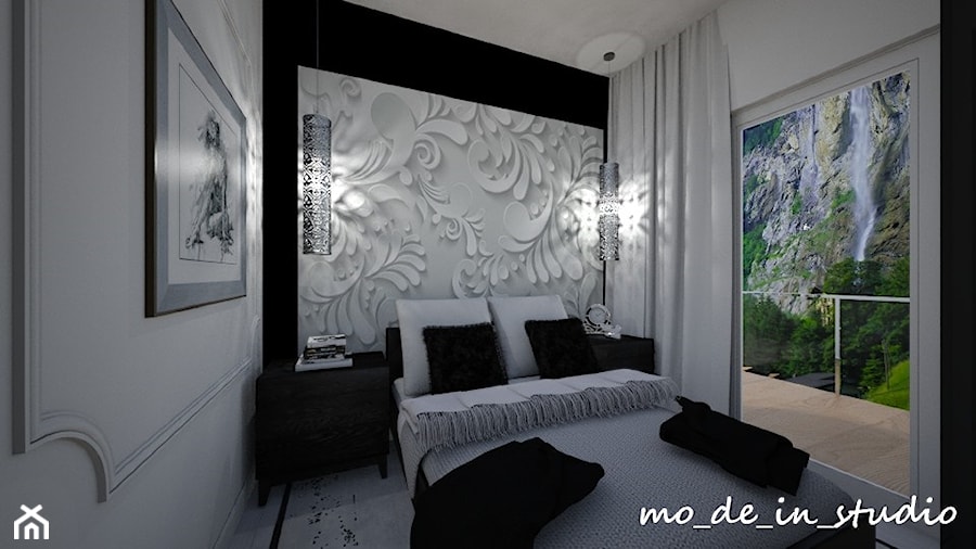 Sypialnia Glamour - Mała biała czarna sypialnia z balkonem / tarasem, styl nowoczesny - zdjęcie od mo-de-in-studio