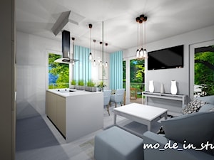 Salon z Kuchnią - Średni szary salon z kuchnią z jadalnią, styl nowoczesny - zdjęcie od mo-de-in-studio
