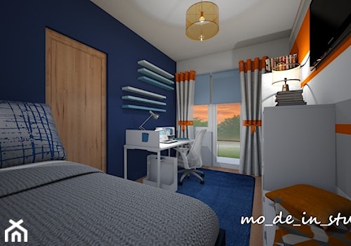 Pokój dla Chłopca - Średni biały pomarańczowy niebieski pokój dziecka dla nastolatka dla chłopca, styl nowoczesny - zdjęcie od mo-de-in-studio