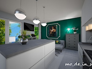 Salon z Kuchnią - Średni szary zielony salon z kuchnią z jadalnią, styl nowoczesny - zdjęcie od mo-de-in-studio