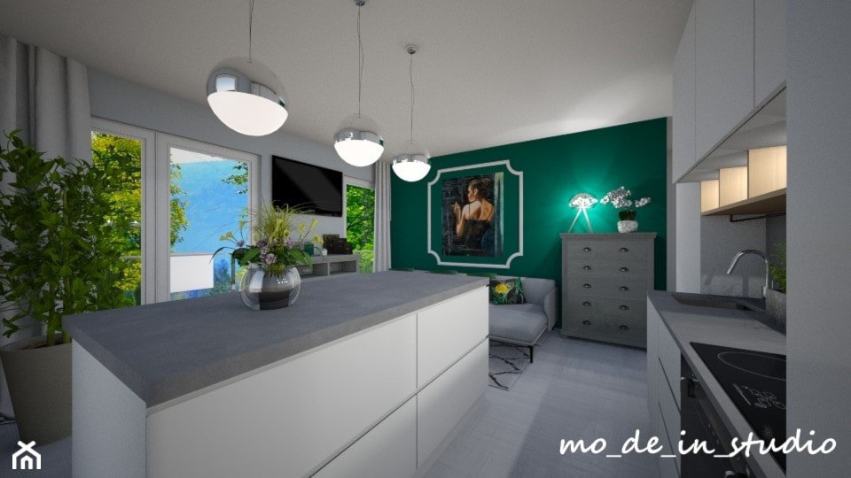 Salon z Kuchnią - Średni szary zielony salon z kuchnią z jadalnią, styl nowoczesny - zdjęcie od mo-de-in-studio  - Homebook