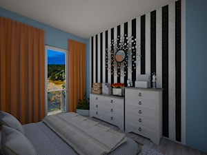 Salon, Kuchnia, Sypialnia - Mała biała czarna niebieska sypialnia z balkonem / tarasem, styl nowoczesny - zdjęcie od mo-de-in-studio