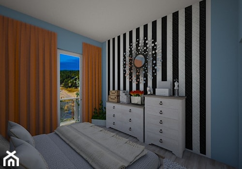 Salon, Kuchnia, Sypialnia - Mała biała czarna niebieska sypialnia z balkonem / tarasem, styl nowoczesny - zdjęcie od mo-de-in-studio