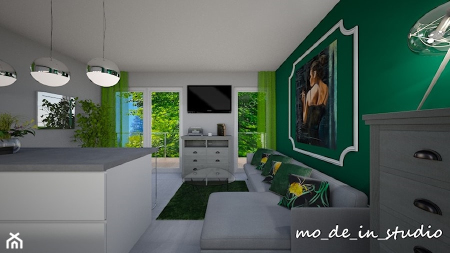 Salon z Kuchnią - Duży szary zielony salon z kuchnią, styl nowoczesny - zdjęcie od mo-de-in-studio