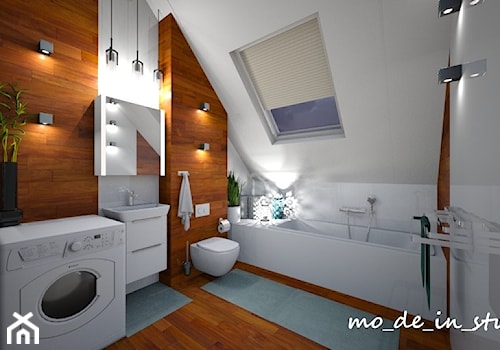Łazienka na poddaszu - Średnia na poddaszu z pralką / suszarką z lustrem łazienka z oknem, styl nowoczesny - zdjęcie od mo-de-in-studio