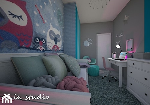 Pokój dla Dziewczynki - Mały szary niebieski turkusowy pokój dziecka dla nastolatka dla dziewczynki, styl nowoczesny - zdjęcie od mo-de-in-studio