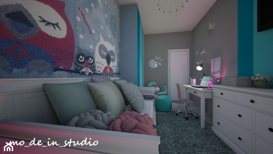 Pokój dla Dziewczynki - Mały szary niebieski turkusowy pokój dziecka dla nastolatka dla dziewczynki, styl nowoczesny - zdjęcie od mo-de-in-studio  - Homebook