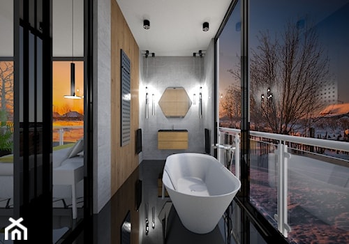 Sypialnia z Łazienką - Średnia z lustrem z punktowym oświetleniem łazienka z oknem, styl nowoczesny - zdjęcie od mo-de-in-studio