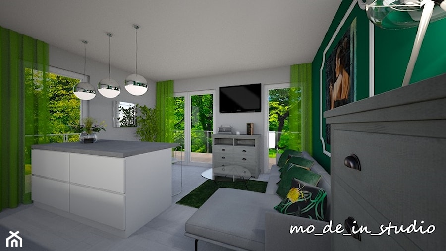 Salon z Kuchnią - Średni szary zielony salon z kuchnią, styl nowoczesny - zdjęcie od mo-de-in-studio