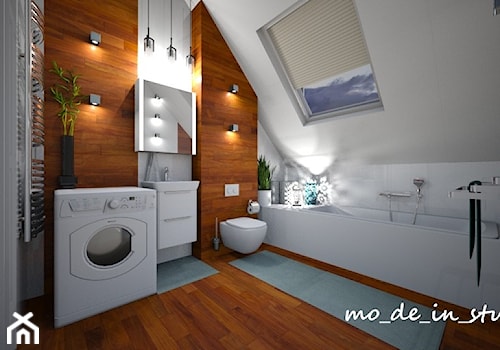 Łazienka na poddaszu - Duża na poddaszu z pralką / suszarką łazienka z oknem, styl nowoczesny - zdjęcie od mo-de-in-studio