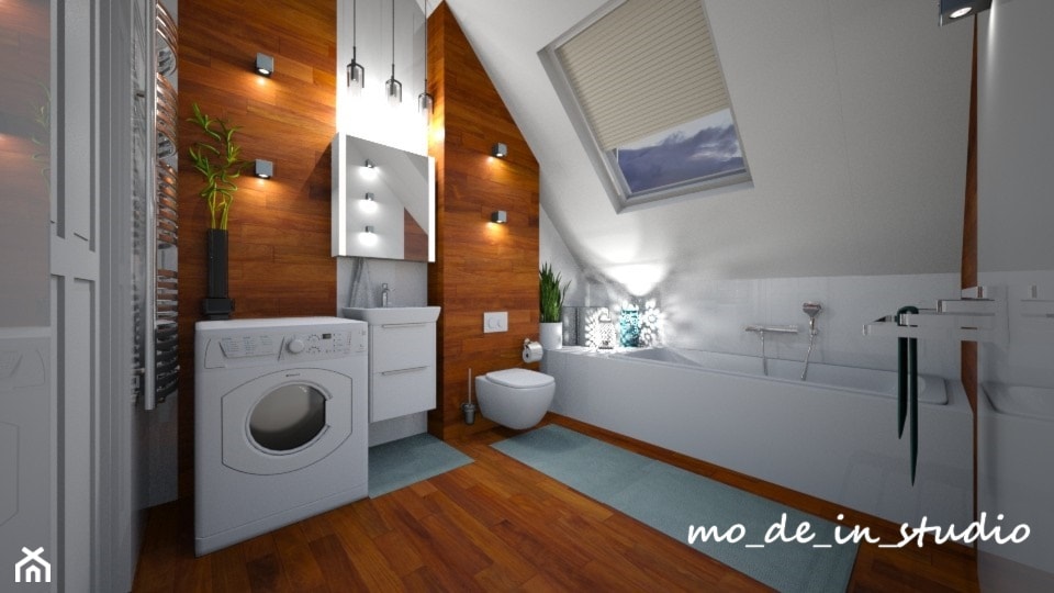 Łazienka na poddaszu - Duża na poddaszu z pralką / suszarką łazienka z oknem, styl nowoczesny - zdjęcie od mo-de-in-studio  - Homebook
