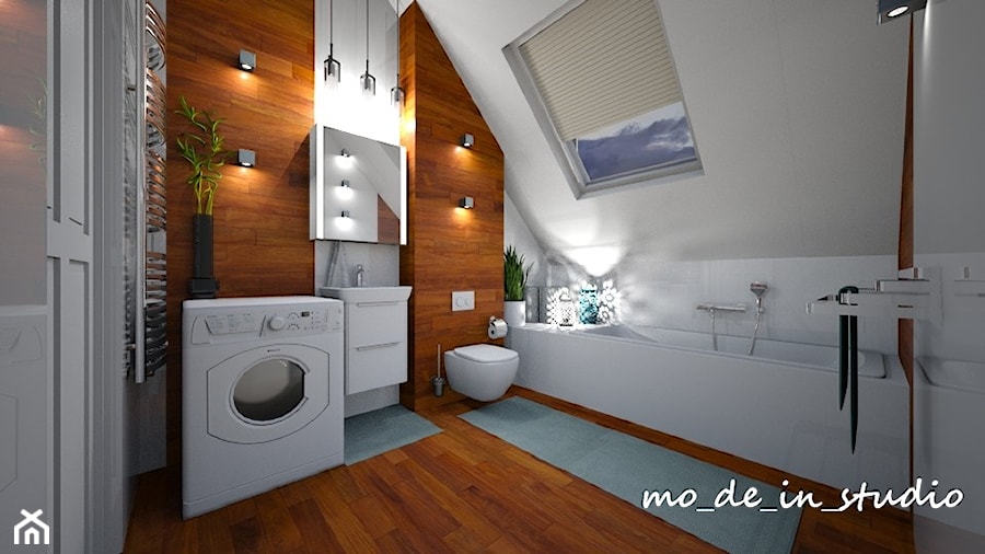 Łazienka na poddaszu - Duża na poddaszu z pralką / suszarką łazienka z oknem, styl nowoczesny - zdjęcie od mo-de-in-studio