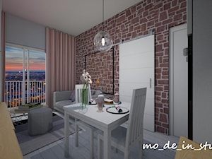 Mały Salon - Mały szary salon z kuchnią z jadalnią z tarasem / balkonem, styl nowoczesny - zdjęcie od mo-de-in-studio