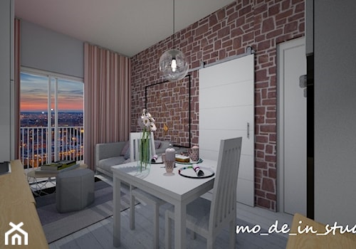 Mały Salon - Mały szary salon z kuchnią z jadalnią z tarasem / balkonem, styl nowoczesny - zdjęcie od mo-de-in-studio