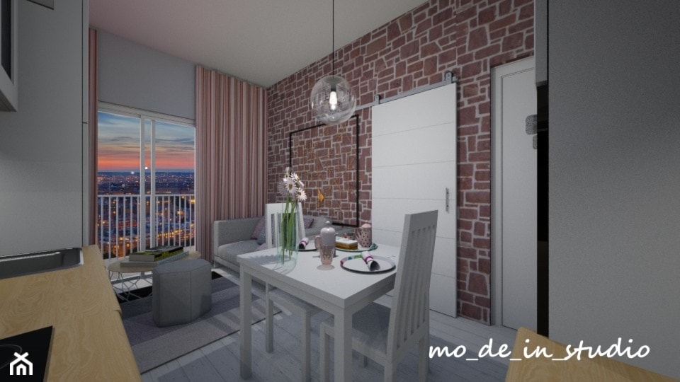 Mały Salon - Mały szary salon z kuchnią z jadalnią z tarasem / balkonem, styl nowoczesny - zdjęcie od mo-de-in-studio  - Homebook
