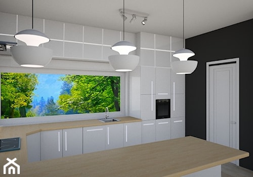 Salon z Kuchnią - Średnia otwarta biała czarna z zabudowaną lodówką z nablatowym zlewozmywakiem kuchnia w kształcie litery u z oknem, styl nowoczesny - zdjęcie od mo-de-in-studio
