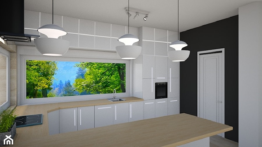 Salon z Kuchnią - Średnia otwarta biała czarna z zabudowaną lodówką z nablatowym zlewozmywakiem kuchnia w kształcie litery u z oknem, styl nowoczesny - zdjęcie od mo-de-in-studio