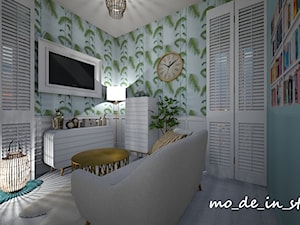 Mały Salon - Mały biały zielony salon z bibiloteczką, styl nowoczesny - zdjęcie od mo-de-in-studio