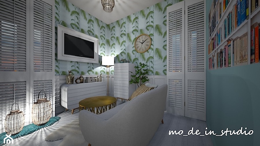 Mały Salon - Mały biały zielony salon z bibiloteczką, styl nowoczesny - zdjęcie od mo-de-in-studio