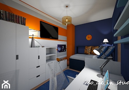Pokój dla Chłopca - Mały biały pomarańczowy niebieski pokój dziecka dla nastolatka dla chłopca, styl nowoczesny - zdjęcie od mo-de-in-studio