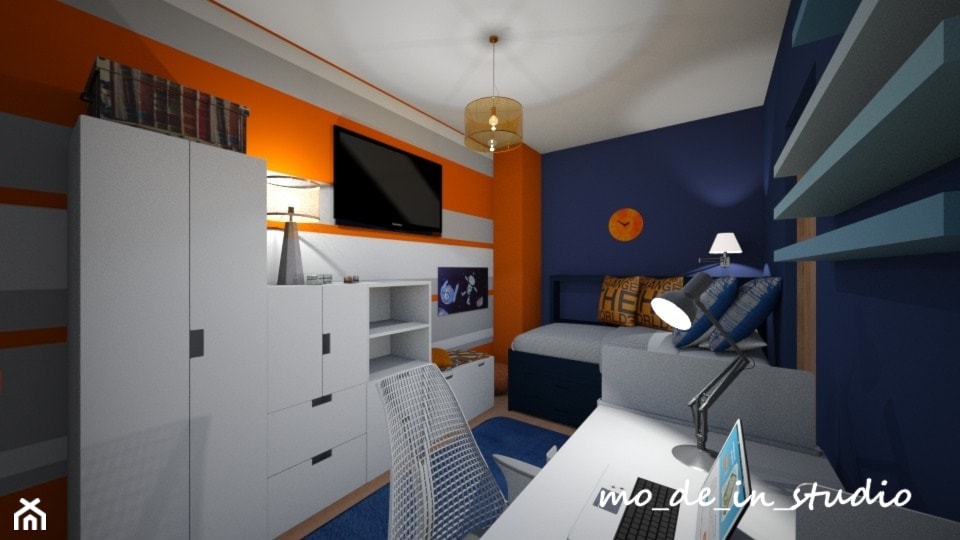 Pokój dla Chłopca - Mały biały pomarańczowy niebieski pokój dziecka dla nastolatka dla chłopca, styl nowoczesny - zdjęcie od mo-de-in-studio  - Homebook