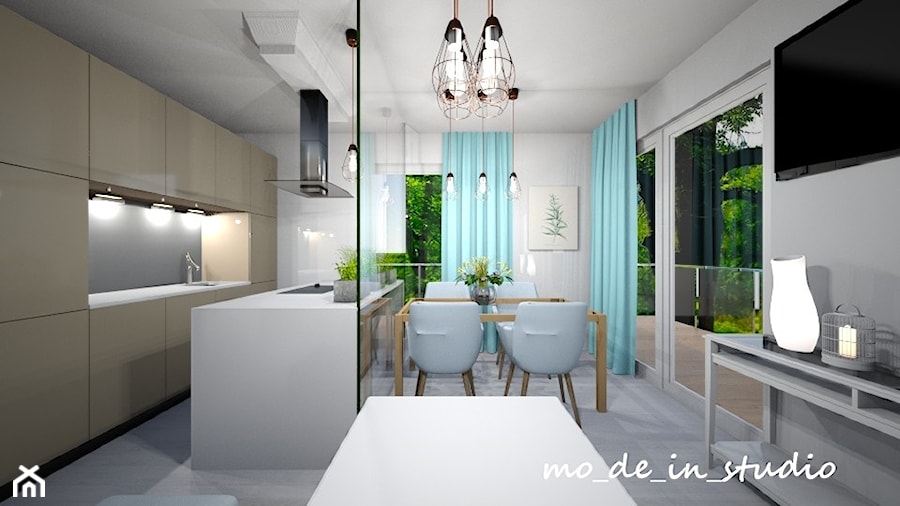 Salon z Kuchnią - Mały szary salon z kuchnią z jadalnią, styl nowoczesny - zdjęcie od mo-de-in-studio