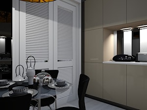 Mała kuchnia - Mała zamknięta z kamiennym blatem czarna z zabudowaną lodówką z lodówką wolnostojącą z podblatowym zlewozmywakiem kuchnia jednorzędowa, styl nowoczesny - zdjęcie od mo-de-in-studio