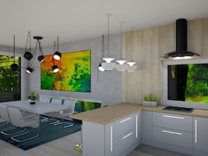 Salon z Kuchnią - Mała otwarta szara z zabudowaną lodówką z nablatowym zlewozmywakiem kuchnia w kształcie litery u z oknem, styl nowoczesny - zdjęcie od mo-de-in-studio