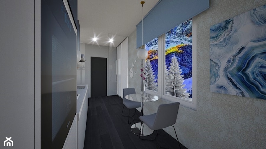 Salon z Kuchnią - Duża zamknięta z kamiennym blatem szara z zabudowaną lodówką z nablatowym zlewozmywakiem kuchnia jednorzędowa z oknem, styl nowoczesny - zdjęcie od mo-de-in-studio