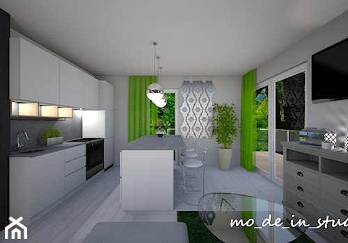 Salon z Kuchnią - Mały czarny szary salon z kuchnią z jadalnią z tarasem / balkonem, styl nowoczesny - zdjęcie od mo-de-in-studio