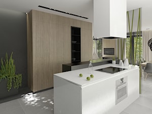 Średnia otwarta czarna z zabudowaną lodówką kuchnia dwurzędowa z wyspą lub półwyspem, styl minimalistyczny - zdjęcie od THE VIBE